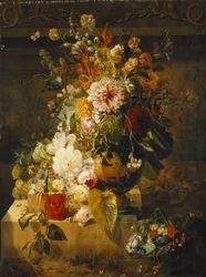 Rozen, winde, anjers, stokrozen, pioenen, seringen en andere bloemen in een vaas