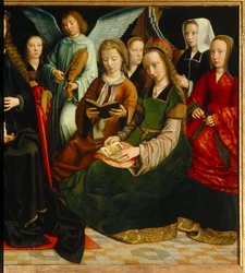 De Maagd tussen de heiligen (detail van de heiligen: Sint Apolline, Sint Godeline, Sint Cecile, Sint Barbe, Sint Lucia)