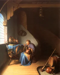 Interieur met een vrouw die pap eet