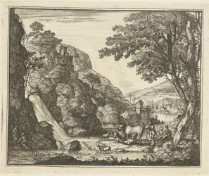 Herder met dieren bij een waterval