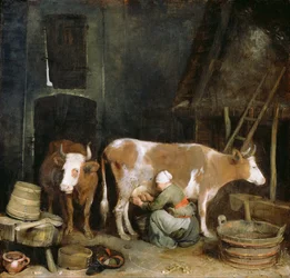 Een dienstmeid melkt een koe in een schuur, 1652-1654