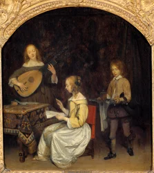 Het concert: zanger en speler van Luit Theorbe. Schilderij door Gerard Ter Borch (1617-1681), Nederlandse school