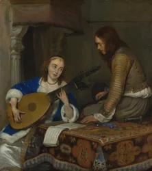 Een vrouw die de theorbo-luit speelt en een ridder
