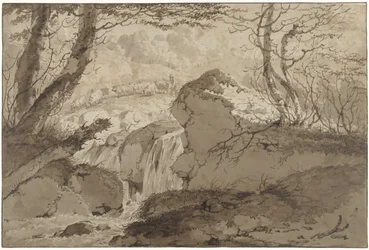 Berglandschap met waterval tussen bomen, waarlangs een schaapherder zijn kudde voert