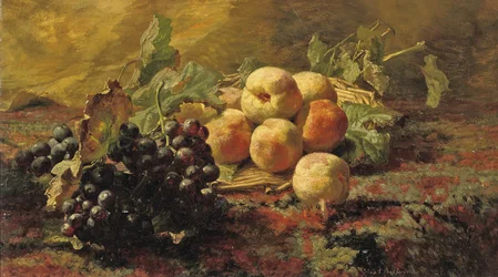 Blauwe druiven en perziken in een rieten mandje