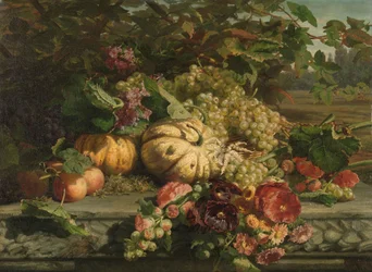 Stilleven met bloemen en fruit