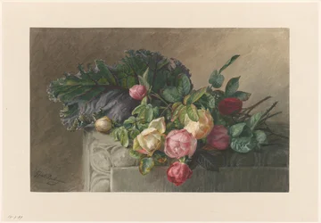 Stilleven met rozen en koolblad