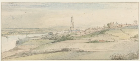 Gezicht op Rhenen en de Rijn vanuit het oosten