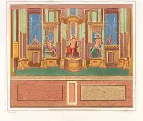 Muurschildering met Bacchus, Venus en Apollo uit een afgelegen zitgedeelte in een hoek van een tuin in de Domus M. Herenulli Communis of Huis van Apollo, Reg. VI, Ins. VII, No. 23