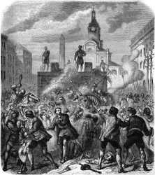 Stockholm bloedbad, massamoorden op Zweedse nationale verzetsleiders bevolen door koning Christiaan II van Denemarken, 8 november 1520: het leger probeert de woede van de bevolking te kalmeren, gedwongen om de executies te bekijken. Gravure door Gerlier
