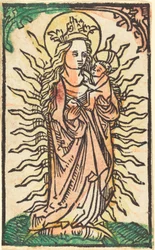 Madonna en kind in een glorie staand op een halve maan