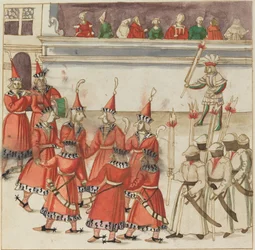 Zeven Mannen in het Rood Verzameld in een Cirkel