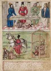 Bayezid I gevangen door Timur, voor 1561