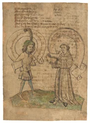 Een franciscaner broeder en een jonge man, illustratie op een blad uit Das Spiegelbuch, in Middelhoogduits, Oost-Zwaben, waarschijnlijk Augsburg, ca. 1470 (inkt op papier)