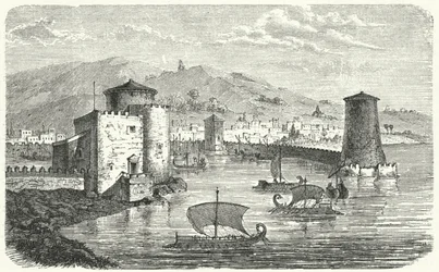 Een Fenicische haven (gravure)