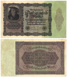 Een bankbiljet van vijftigduizend mark, 1922 (recto en verso)