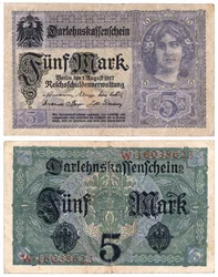 Een bankbiljet van vijf mark, 1917 (recto en verso)