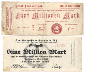 Een bankbiljet van vijf miljoen en één miljoen mark, 1923