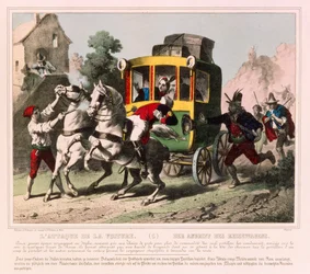 Een pasgetrouwd stel wordt aangevallen door struikrovers in Italië, prentenblad gepubliceerd door Gangel & P. Didion, Metz, ca. 1850