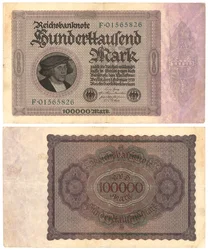 Een bankbiljet van honderdduizend mark, 1923 (recto en verso)