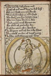 Een naakte vrouwelijke figuur die een brandende fakkel vasthoudt. Een schorpioen die Schorpioen voorstelt.