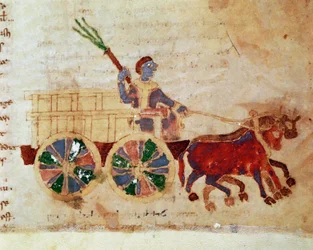 Een boer op een miniatuurkar uit het manuscript 