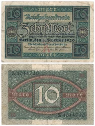 Een bankbiljet van tien mark, 1920 (recto en verso)