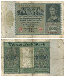 Een bankbiljet van tienduizend mark, 1922 (recto en verso)
