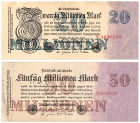 Een bankbiljet van twintig en vijftig miljoen mark, 1923