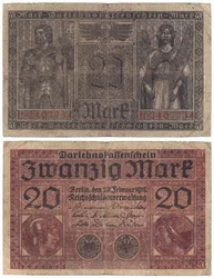 Een bankbiljet van twintig mark, 1918 (recto en verso)