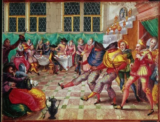 Reizende spelers arriveren bij een landhuis om hun voorstelling te geven, uit het Album Amicorum, door Moyses Walens, Keulen
