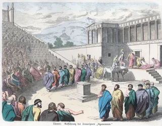 Oude geschiedenis. Griekenland. Theater, voorstelling van Agamemnon. Duits ... (gravure)
