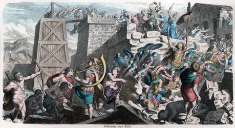 Oude geschiedenis. Rome. Romeinen vallen een stad aan ... (gravure)