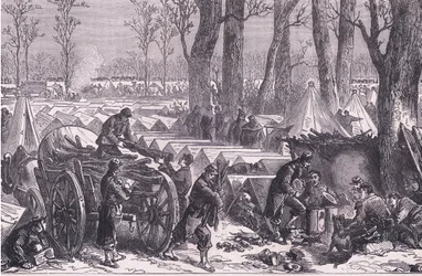 Bivak van de troepen van generaal Du Croy in de bossen van Vincennes, Cassells Geschiedenis van de oorlog tussen Frankrijk en Duitsland uitgegeven door Cassell and Company Limited, ca. 1890