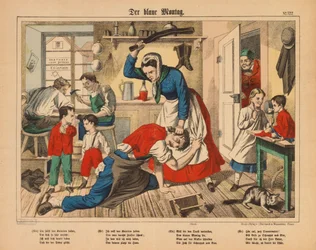 Blauwe Maandag - een schoenmakersvrouw slaat haar man, pamflet uitgegeven door C. Burckhardt, Weissenburg, ca. 1850