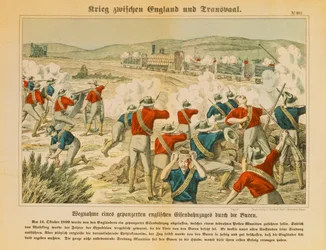 Boeren nemen een gepantserde Engelse trein in beslag tijdens de Tweede Boerenoorlog, nabij Maseking, 14 oktober 1899, uitgegeven door C. Burckhardts Nachf, Weissenburg, 1899