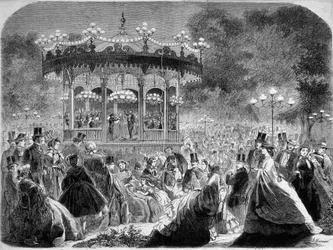 Concert bij de muziekkoepel van de Champs-Elysées, Duitse gravure ca. 1861