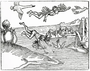Daedalus, ontsnapt uit Kreta met zijn zoon, Icarus, ziet hem vallen naar zijn dood, 1493