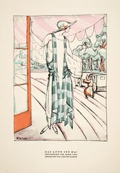 "Das Auto Ist Da!", reclame voor jurk van Marie Latz, uit Styl, pub.1922 (pochoirprint)