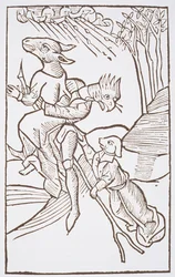 Vertrek naar de Sabbat, kopie van een illustratie uit Von den Unholden oder Hexen door Ulrich Molior, Constanz 1489, gebruikt in Geschiedenis van de Magie, gepubliceerd eind 19e eeuw