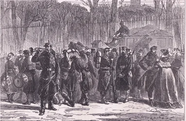 Vertrek van het tiende regiment van de Nationale Garde naar de vooruitgeschoven posten, Cassells Geschiedenis van de oorlog tussen Frankrijk en Duitsland, uitgegeven door Cassell and Company Limited, ca. 1890