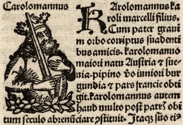 Detail van een originele incunabelblad, met afbeelding van Karel de Grote (742-814) voor 1500