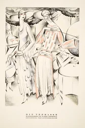 "Die Terrasse" Advertentie voor zomerjurken door Martha Lowenthal, uit Styl, pub.1922 (pochoirprint)
