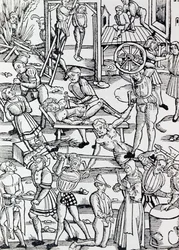 Verschillende vormen van straf gebruikt in Duitsland in 1500 voor verschillende misdaden, Gravure, Duitsland