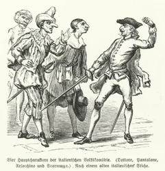Dottore, Pantalone, Arlecchino en Scaramuccia, vier personages uit de Commedia dell
