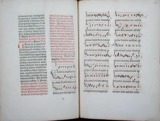 Dubbele pagina met een gregoriaans gezang uit een incunabel, uit het Missale Romanum, ca. 1482
