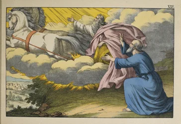 Elia stijgt op naar de hemel in een wervelwind en laat zijn leerling Elisa achter om zijn werk voort te zetten, illustratie uit L