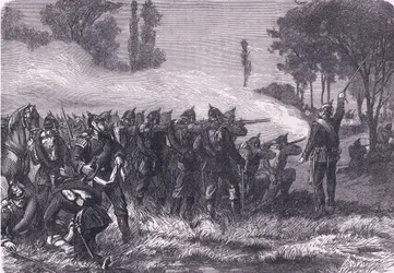 Ontmoeting in het bos voor Metz, Cassells Geschiedenis van de oorlog tussen Frankrijk en Duitsland uitgegeven door Cassell and Company Limited, ca. 1890