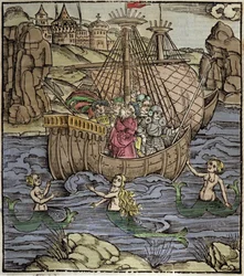 Eneide van Vergilius (70 v.Chr.-19 v.Chr.), de Trojaanse held Eneas en zijn metgezellen steken een zee vol sirenen over. Houtsnede door Sebastian Brant (1458-1521). Straatsburg