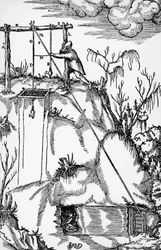 Gravure uit De re metallica (Over de aard van metalen), door Georg Pawer of Georgius Agricola (1494-1555), gepubliceerd in Basel
